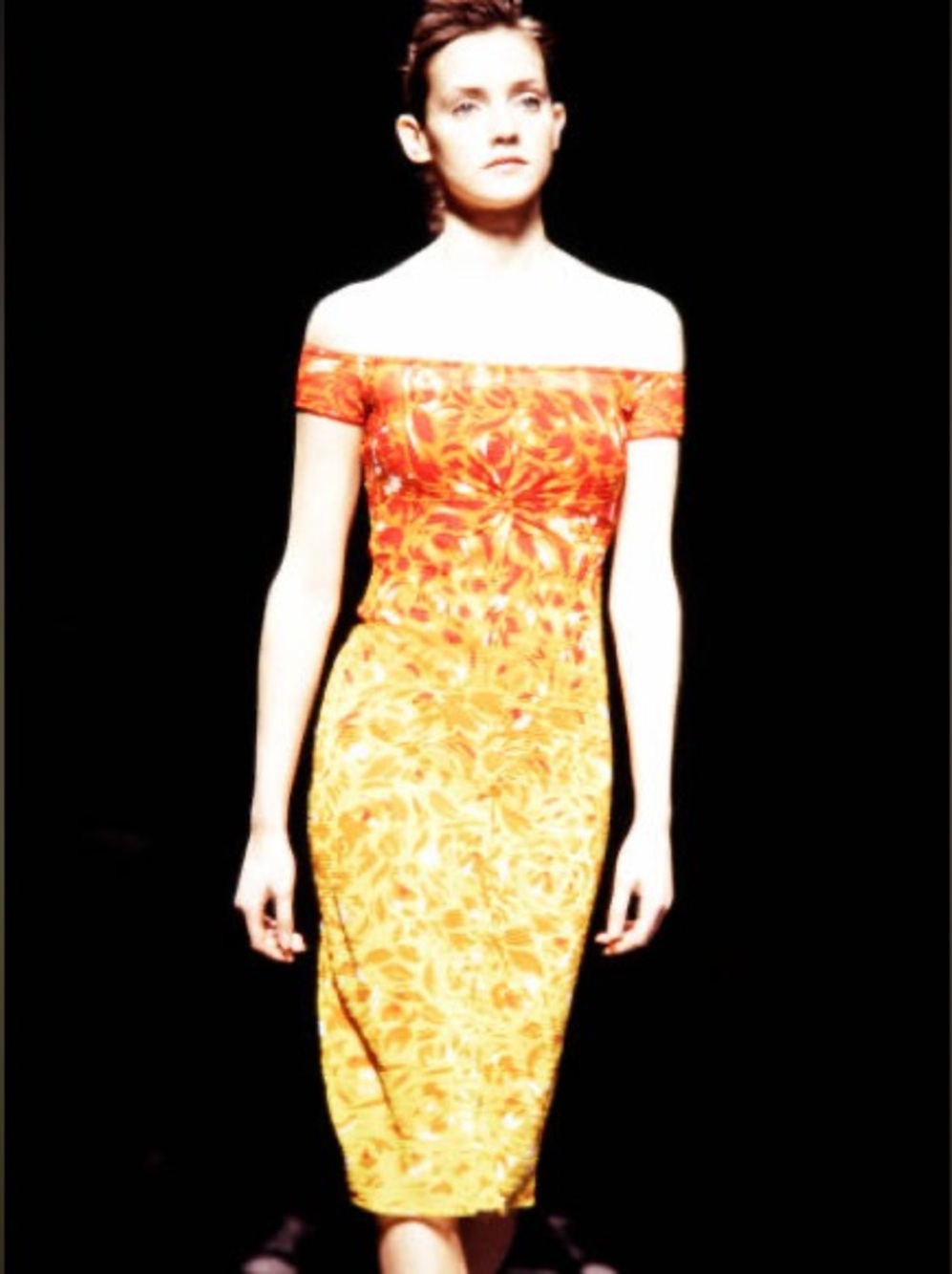 Vintage VIVIENNE TAM S/S 1998 Flame Printed Mesh Off Shoulder Dress in Orange